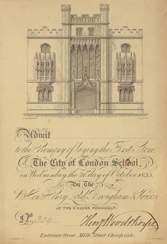 Bilhete para a colocação da primeira pedra da Escola da Cidade de Londres, 21 de outubro de 1835 de English School