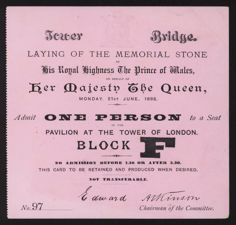 Bilhete para a colocação da pedra memorial na Tower Bridge, Londres, 21 de junho de 1886 de English School
