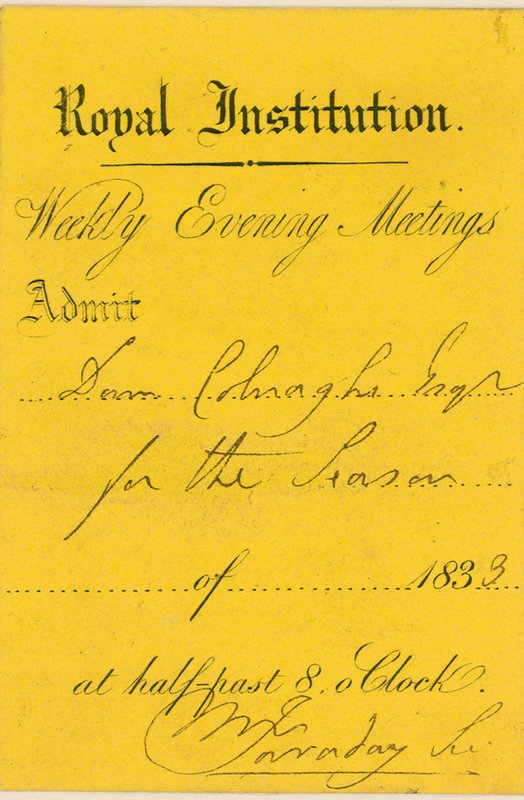 Bilhete de admissão à Royal Institution, Albemarle Street, Londres, para uma palestra de Michael Faraday de English School