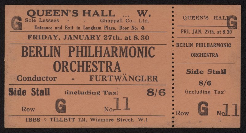 Bilhete para um concerto da Orquestra Filarmônica de Berlim, Queens Hall, Londres Sexta-feira, 27 de janeiro de 1928 de English School