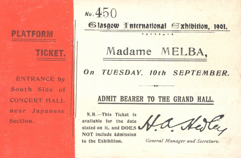 Bilhete para ouvir Nellie Melba na Exposição Internacional de Glasgow, 1901 (impressão) de English School