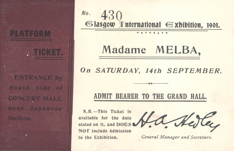 Bilhete para ouvir Nellie Melba na Exposição Internacional de Glasgow, 1901 (impressão) de English School