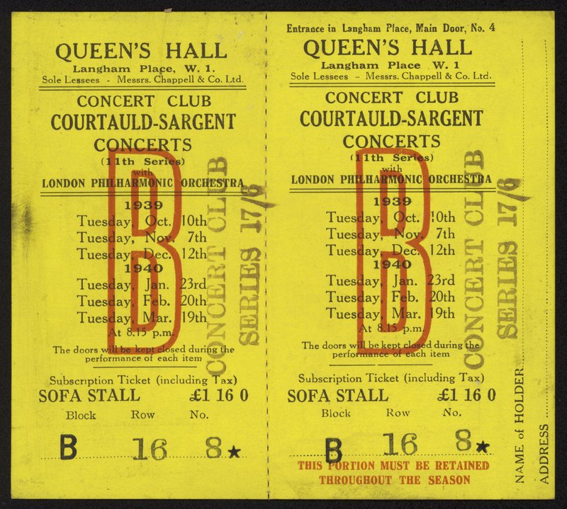 Bilhete para os concertos Courtauld-Sargent, Queens Hall, Langham Place, Londres, 1939-1940 de English School