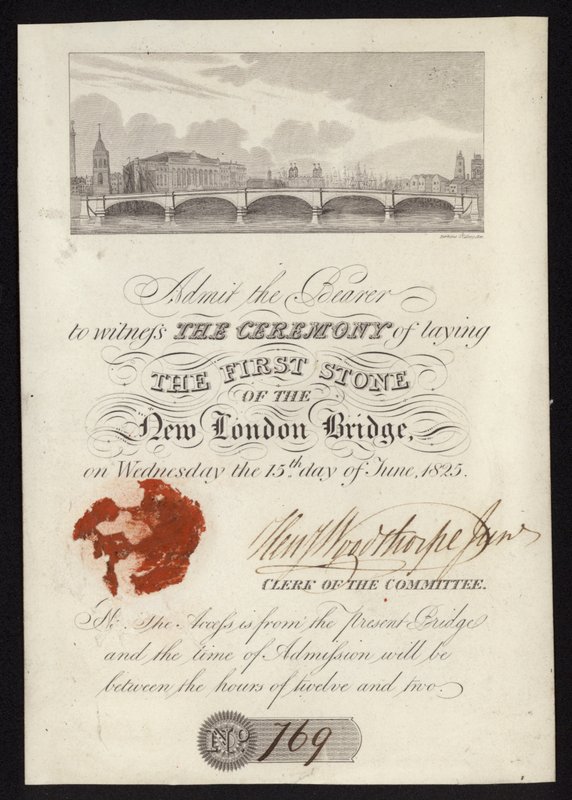 Bilhete para a cerimónia de colocação da primeira pedra da nova ponte de Londres de English School