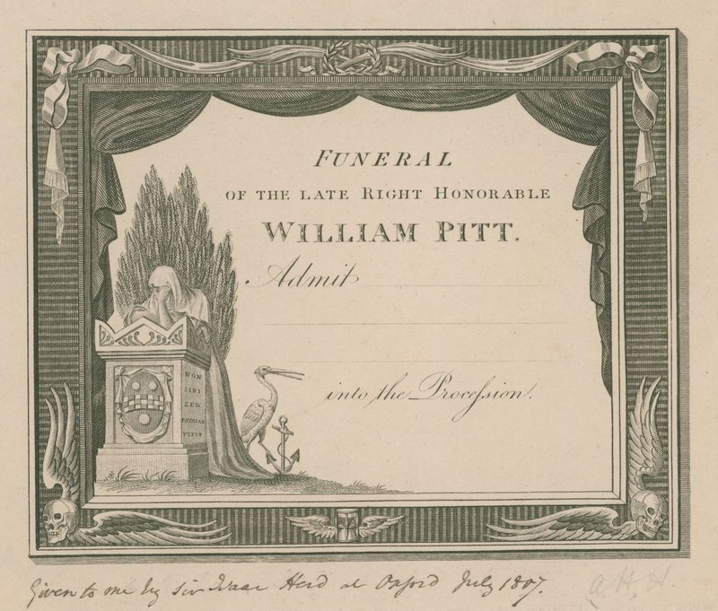 Bilhete para o funeral do falecido William Pitt de English School