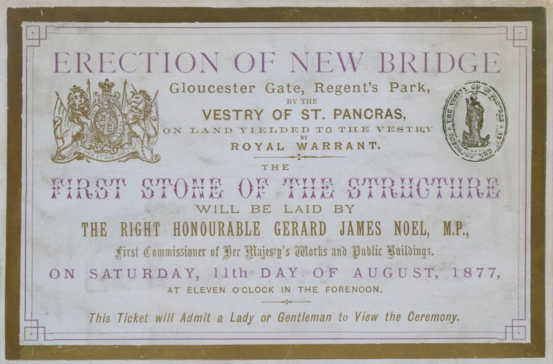 Bilhete para a colocação da primeira pedra na nova ponte, Gloucester Gate, Regents Park, Londres de English School