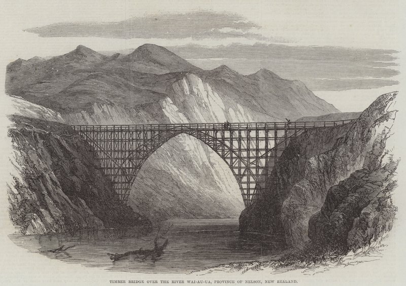Ponte sobre o rio Wai-Au-Ua, Província de Nelson, Nova Zelândia (gravura) de English School
