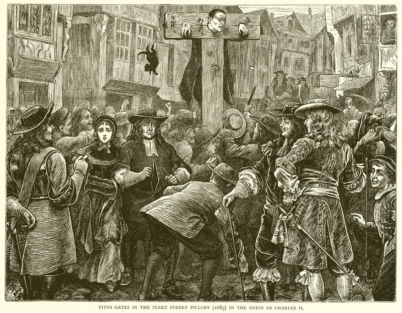 Tito Oates no Pelourinho da Rua da Frota (1685) no Reino de Carlos II de English School