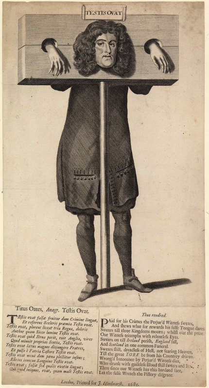 Titus Oates no pelourinho, publicado em 1685 de English School