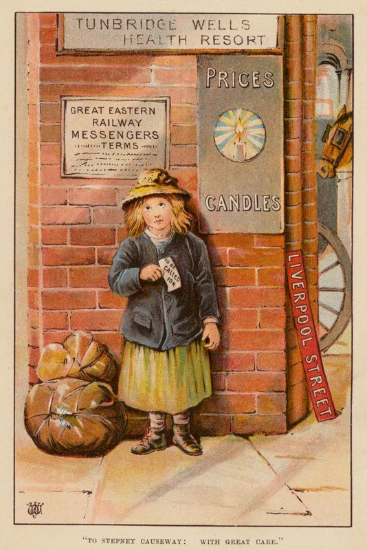 "Para Stepney Causeway, com grande cuidado" (lito a cores) de English School