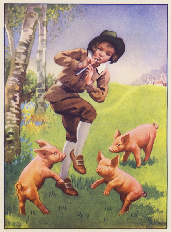 Tom, Tom, o Filho do Flautista e os Três Porquinhos (litografia a cores) de English School