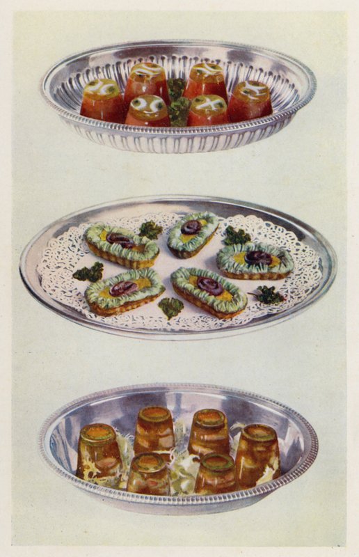 Cremes de tomate; Gôndolas de anchovas; Camarão em gelatina (litografia a cores) de English School