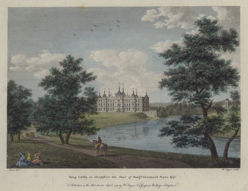 Castelo de Tong, Shropshire, a sede de Benjamin Channock Payne (gravura colorida) de English School