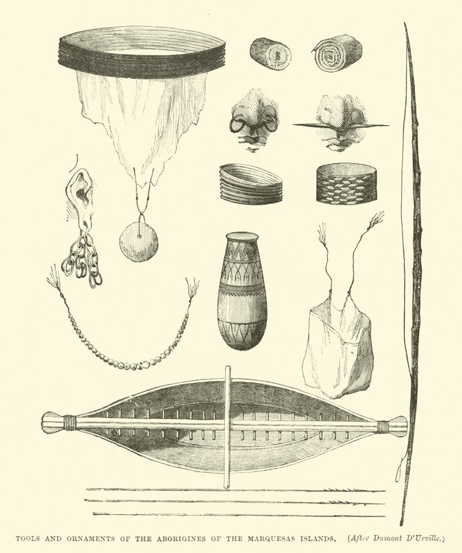 Ferramentas e ornamentos dos aborígenes das Ilhas Marquesas, depois de Dumont DUrville de English School