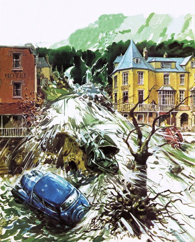 Torrente de terror em Lynmouth, Devon, agosto de 1952 de English School