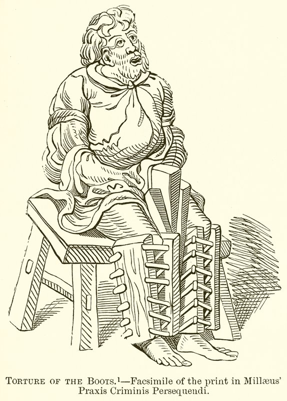 Tortura das Botas .-- Fac-símile da Imprensa em Millaeus Praxis Criminis Persequendi de English School