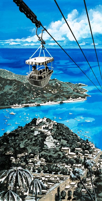 Turistas usando o teleférico nas Ilhas Virgens de English School