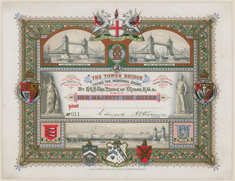 Tower Bridge, Londres, convite para a colocação da pedra memorial, 21 de junho de 1886 de English School