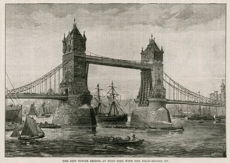 Tower Bridge na maré alta, com a ponte levadiça para cima de English School