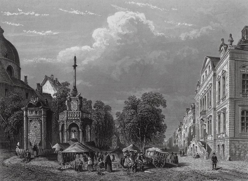 Câmara Municipal e Praça do Mercado, Liège (gravura) de English School