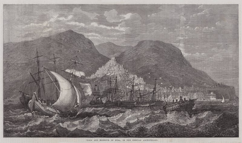 Cidade e Porto de Syra, no Arquipélago Grego (gravura) de English School