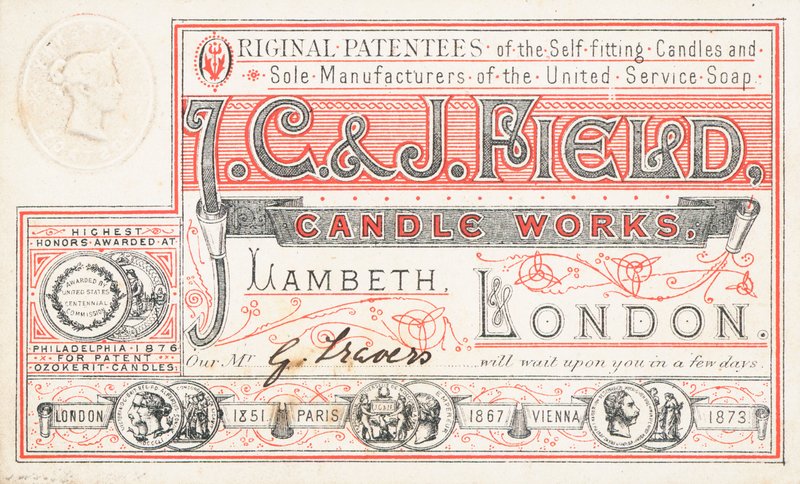 Cartão de comércio, JC e J Field Candle Works de English School