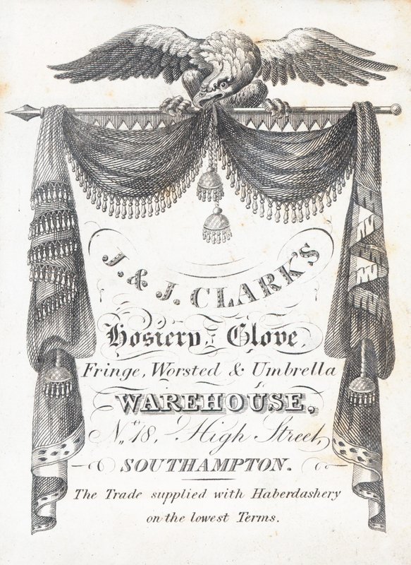 Cartão de comércio, armazém de meias e luvas da J & J Clarks de English School