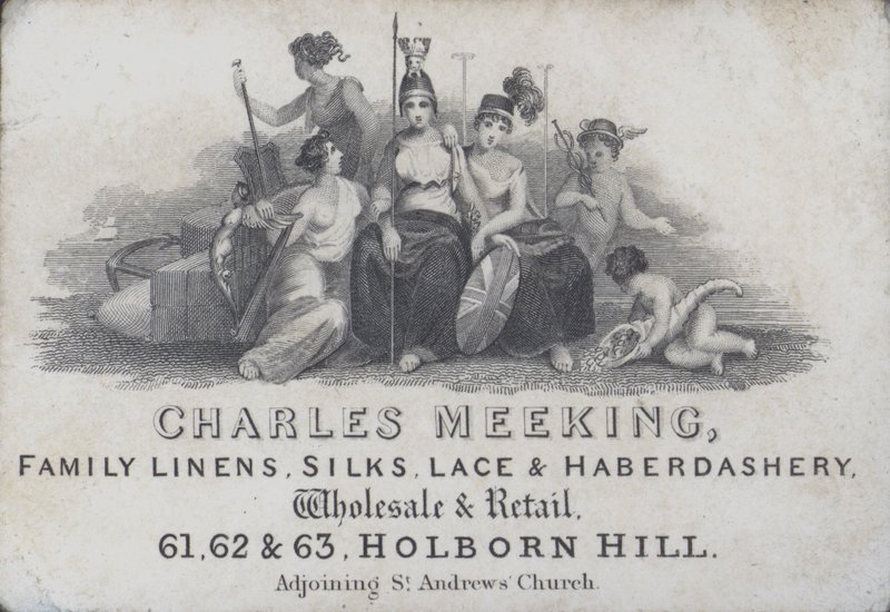 Cartões comerciais publicitários Charles Meeking, linho, seda, renda e comerciante de retrosaria, Holborn Hill, Londres (gravura) de English School
