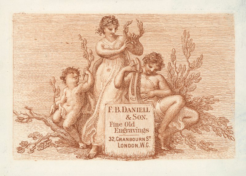Cartão comercial de F B Daniell  Son, gravuras antigas de qualidade, Londres (gravura) de English School
