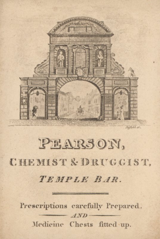 Cartão comercial para Pearson, farmacêutico e farmacêutico, Temple Bar, Londres (gravura) de English School