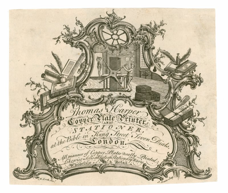 Cartão de comércio para Thomas Harper, impressora de chapa de cobre e papelaria de English School