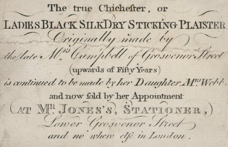 Cartão de comércio, o verdadeiro Chichester ou Ladies Black Silk Dry Sticking Plaister de English School