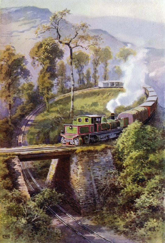 Ponto de Agonia do Arredondamento do Comboio, um loop no Darjeeling Himalayan Railway, Índia (cor litho) de English School