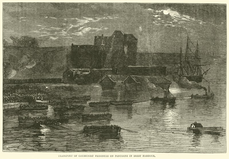 Transporte de prisioneiros comunistas em pontões em Brest Harbour, 1871 de English School