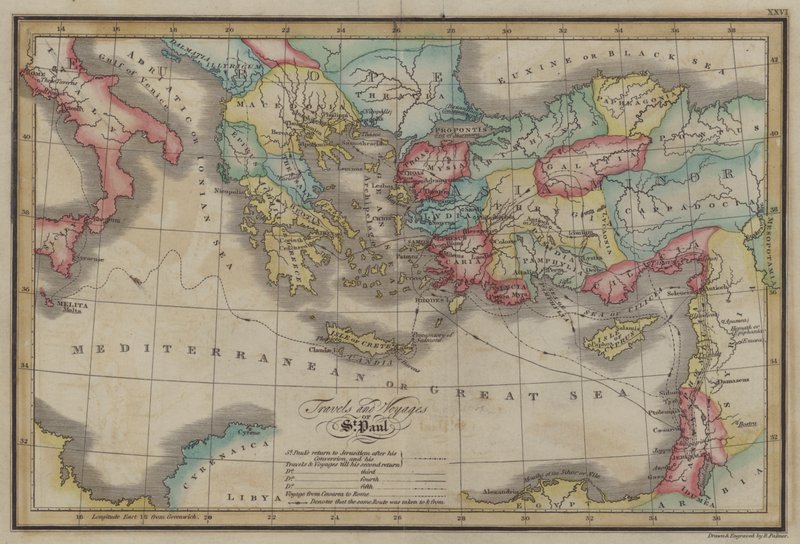 Viagens e Voyages of St Paul (gravura colorida) de English School