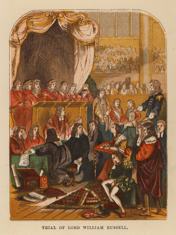 Julgamento de Lord William Russell (gravura a cores) de English School