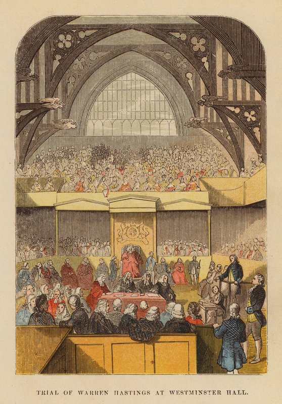 Julgamento de Warren Hastings em Westminster Hall (gravura a cores) de English School