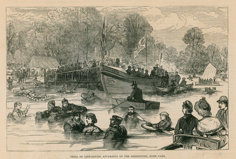 Julgamento de aparelhos salva-vidas no Serpentine, Hyde Park, Londres de English School