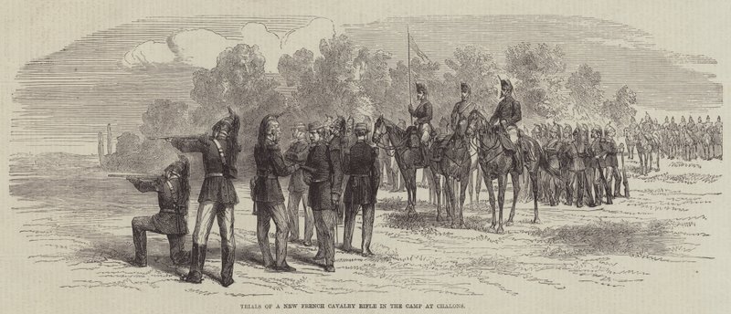 Ensaios de uma nova espingarda de cavalaria francesa no campo de Chalons (gravura) de English School
