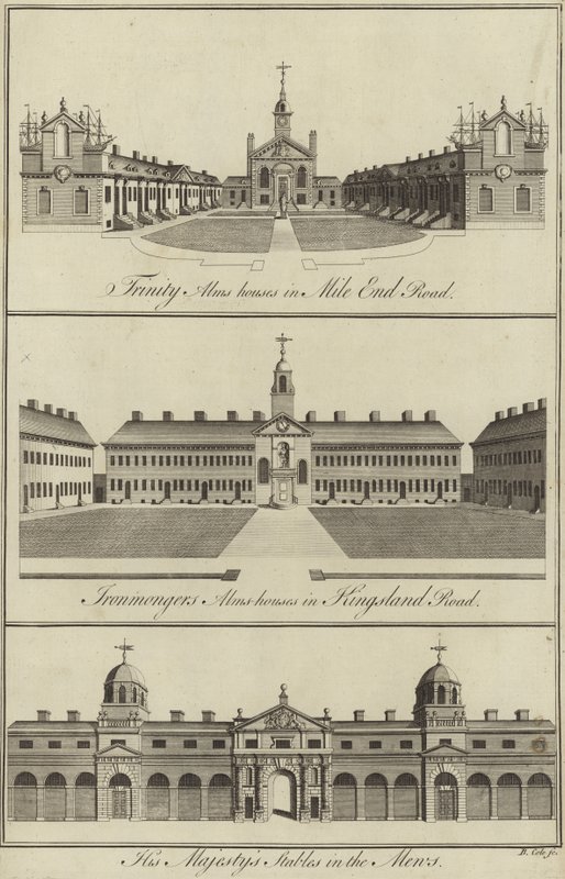 Trinity Almshouses em Mile End Road, Ironmongers Almshouses em Kingsland Road e His Majestys Stables em Mews, Londres de English School