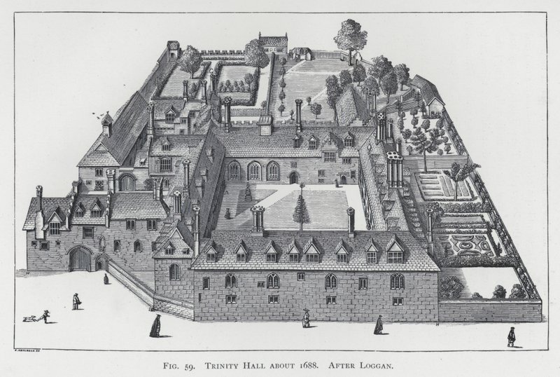 Trinity Hall cerca de 1688, após Loggan (gravura) de English School