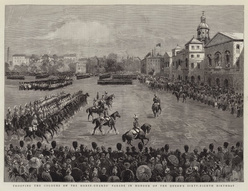 Trooping as cores no Horse-Guards "Parade em honra do aniversário da Sessenta e Oito da Rainha" de English School
