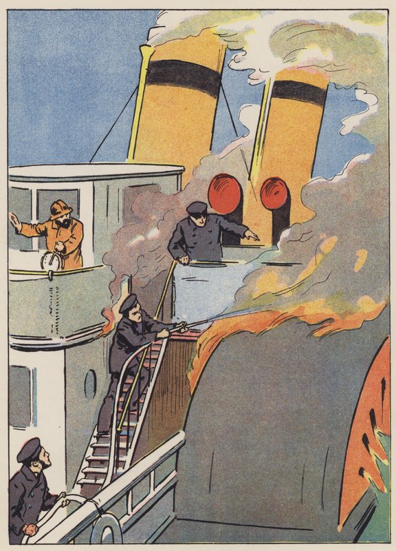 Tentando salvar o navio em chamas (cor litho) de English School