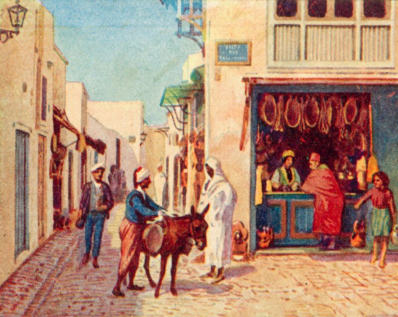 Túnis, rua da cidade árabe (litografia a cores) de English School