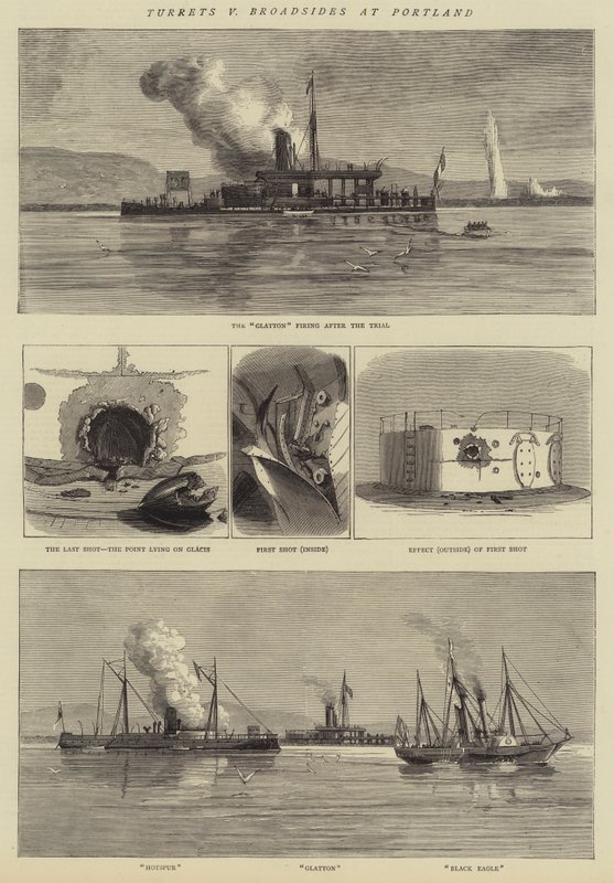 Turrets v Broadsides at Portland (gravura) de English School