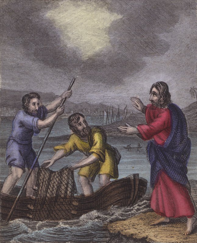 Dois pescadores com más intenções empregam ... (gravura colorida) de English School