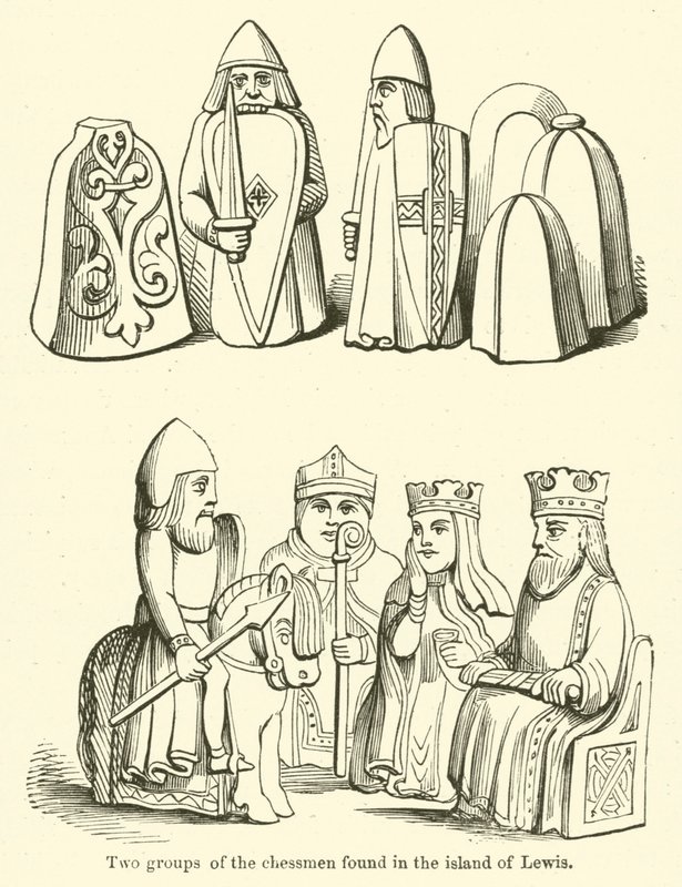 Dois grupos de chessmen encontrados na ilha de Lewis (gravura) de English School