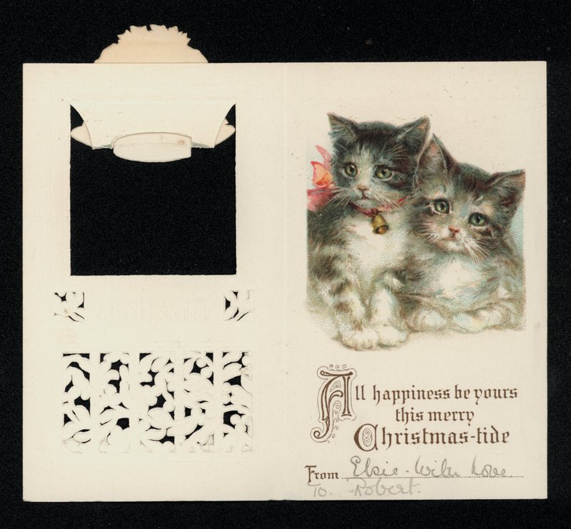 Dois gatinhos, cartão de Boas Festas de Natal. (chromolitho) de English School