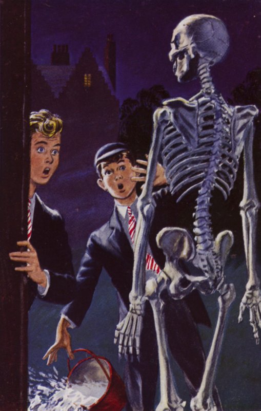Dois alunos e um esqueleto limpo (cor litho) de English School