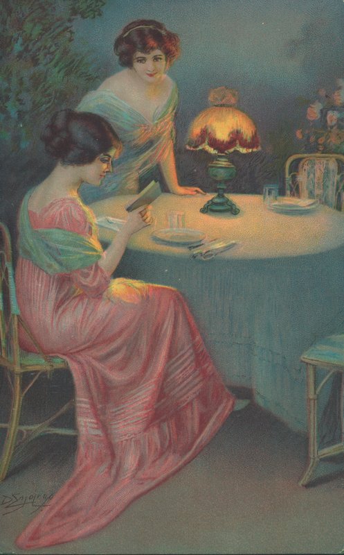 Duas mulheres, sentando, em, um, tabela de English School